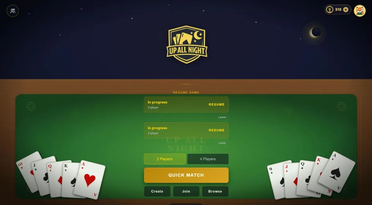 The UpAllNight lobby with games to resume and a Quick Match button