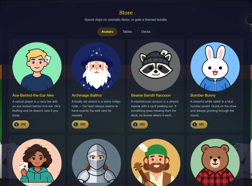 The UpAllNight store showing illustrated avatars priced in chips