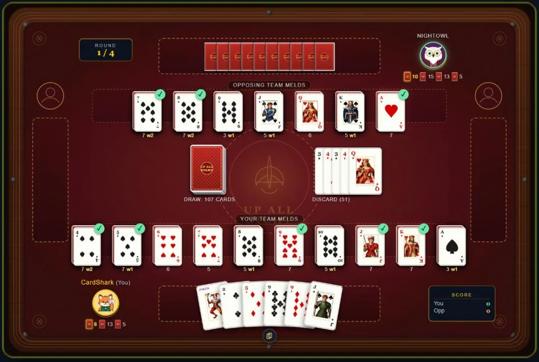 An UpAllNight game in progress: both teams' melds laid out on a red felt table, the draw and discard piles in the middle, and the player's hand at the bottom